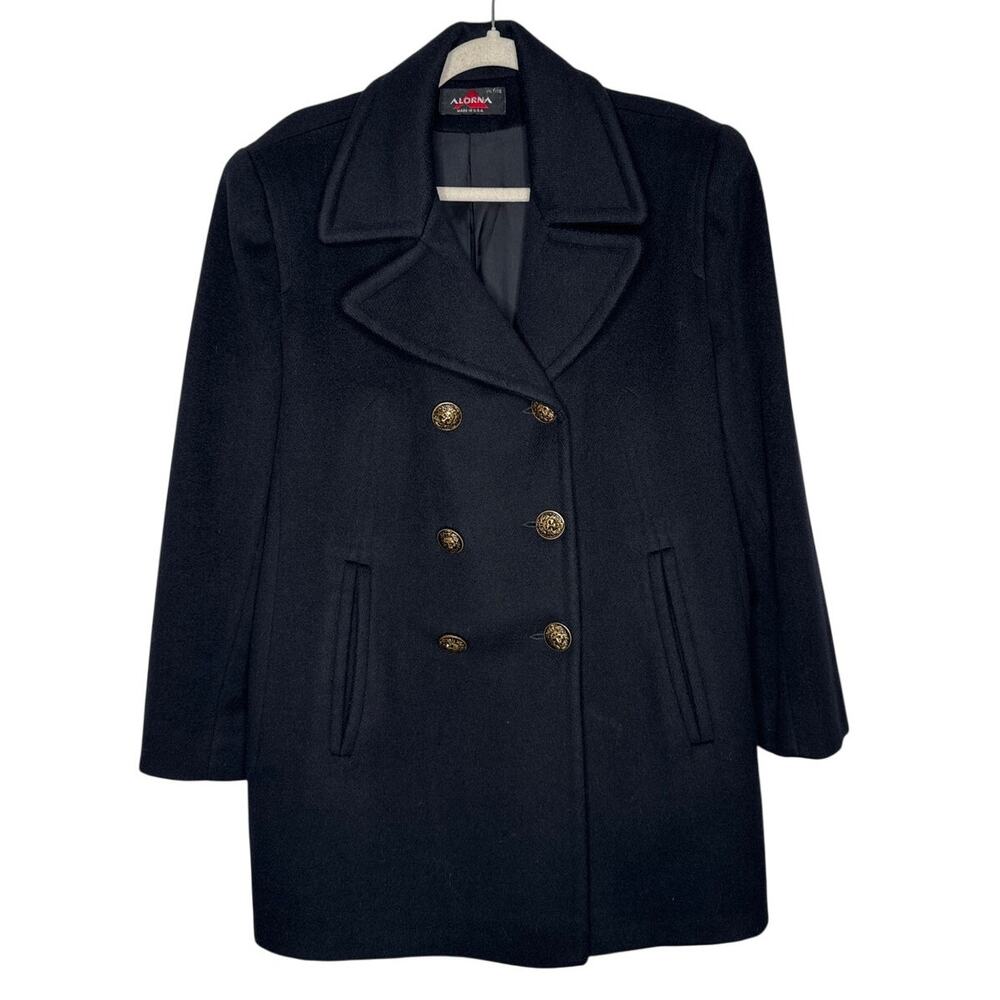 Vintage Alorna Black Wool Peacoat 1980s Petite Gold Lion Buttons M to L